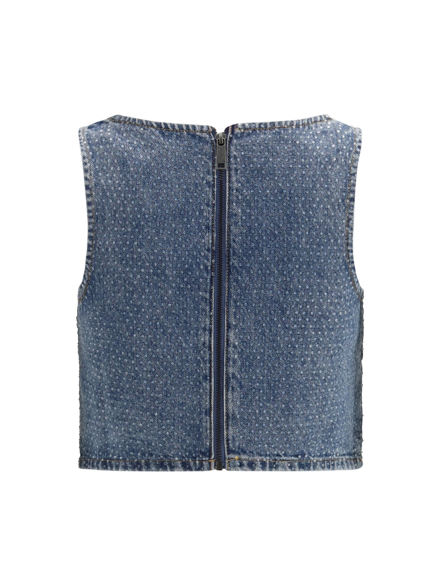 Crop Top Rhinestone Denim Blue Cotton