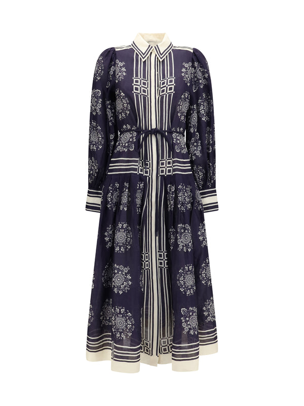 Midi Shirt Dress Banderra Floral Print Ink Ramie