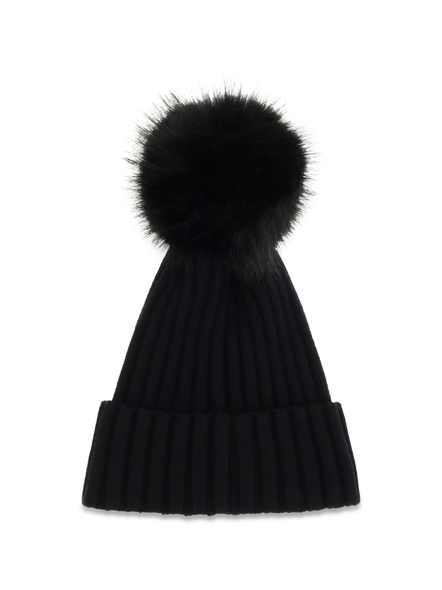Wool Beanie With Pompon Black Virgin Hat