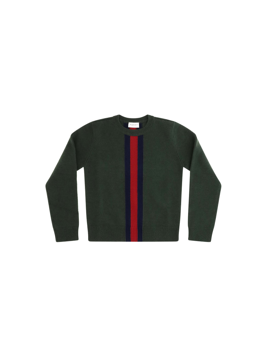 Web Stripe Wool Sweater For Girl Moss Green/blue/red Merino Ovis Aries