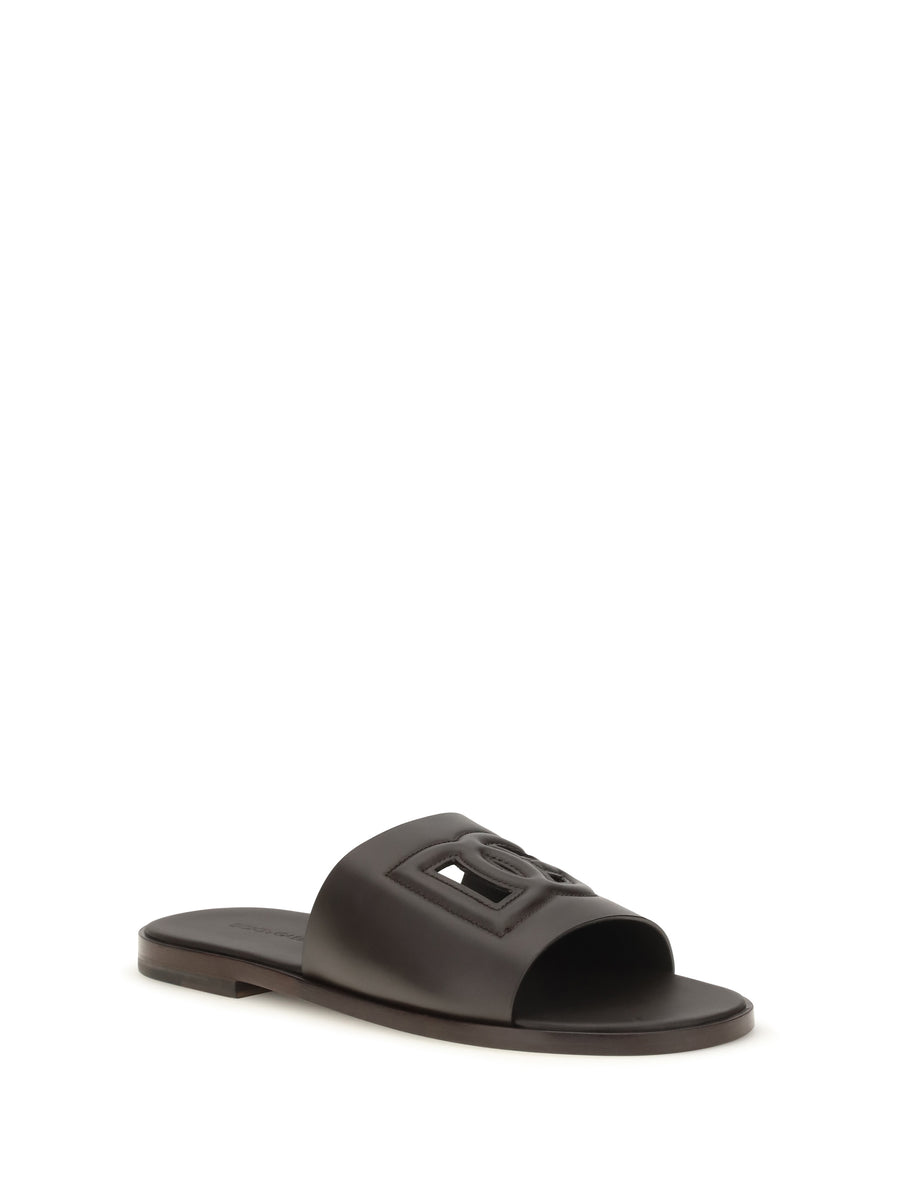 Sandals Embossed Logo Dark Chocolate Calf Leather