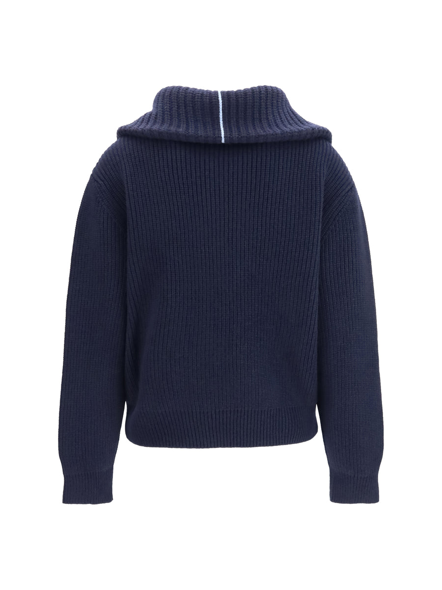 Sweater High-Neck Cashmere Zip Blue Polo Tops