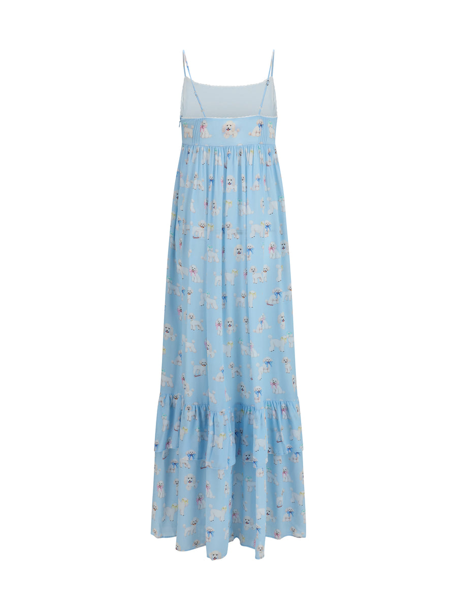 Dress Poodle-Print Tiered Maxi Light Blue Viscose
