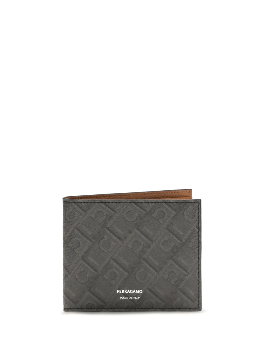 Leather Bifold Wallet With Gancini Pattern Grey Patterned Dark Calf Bos Taurus