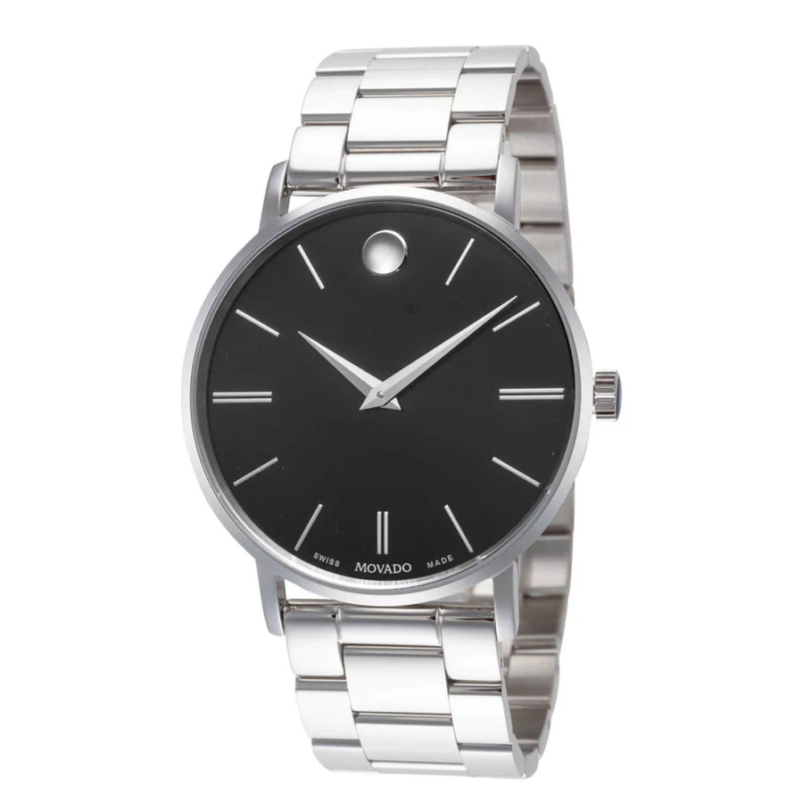 Movado Stainless steel case and bracelet; black dial; mineral crystal watch in black