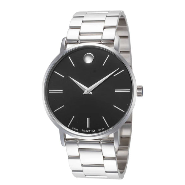 Movado Stainless steel case and bracelet; black dial; mineral crystal watch in black