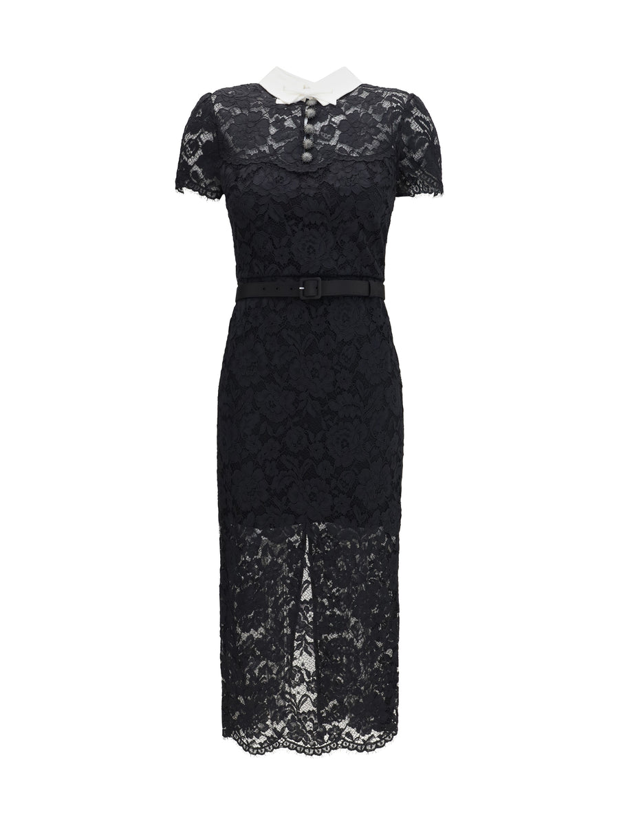 Midi Dress With Lace Contrast Collar Black Polyester