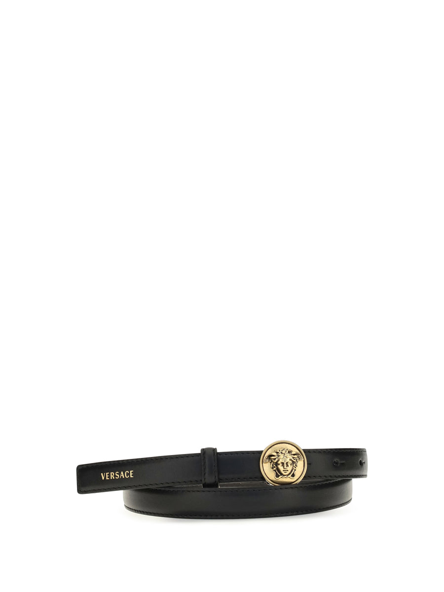 Leather Belt With Medusa Buckle Black/gold Calf