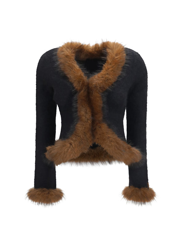 Knit Cardigan With Faux Fur Collar — Black Cotton