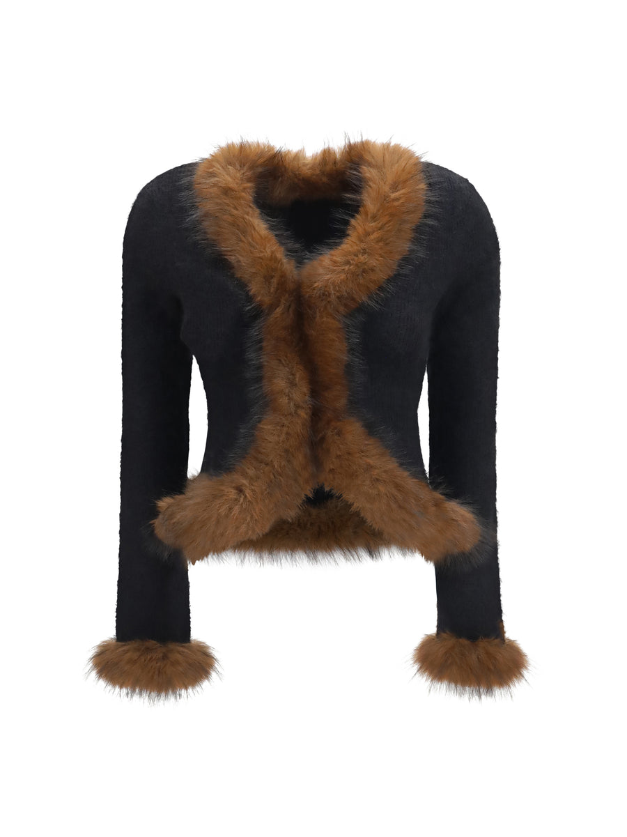 Knit Cardigan With Faux Fur Collar — Black Cotton