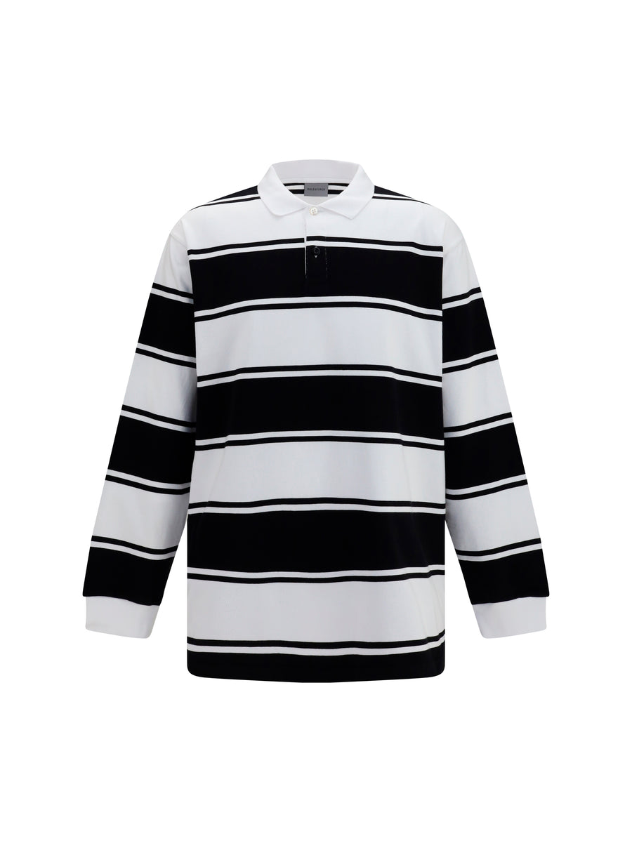 Polo Shirt Long-Sleeve Striped Black-White Black/white Cotton
