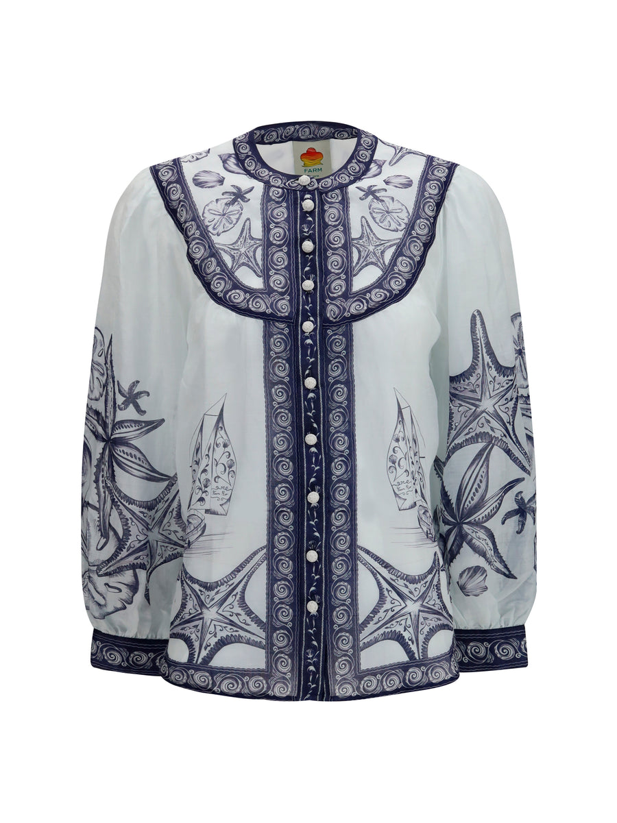 Blouse Seaside Print Off-White Coast Scarf Ramie Shirt