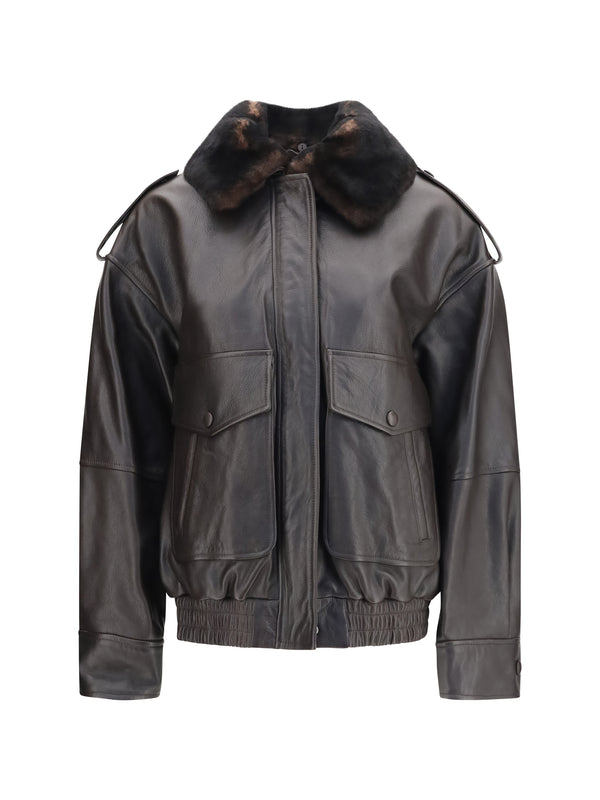 Russo Leather Bomber With Shearling Collar Coffee/dark Brown Calf Bos Taurus Jacket