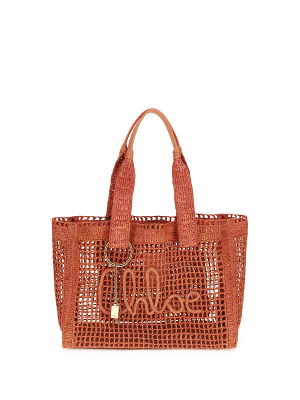 Chloé 100% Raffia with buffalo leather handles tote bag in orange