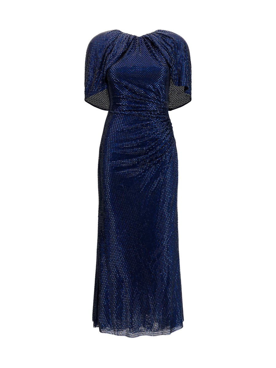 Midi Dress With Cape Sleeves, Crystal Embellished Navy Blue Polyester