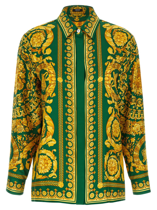 Versace فستان بطبعة باروكية حرير قميص — أخضر