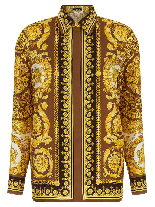 حقيبة Versace بطبعة باروكو حرير تويل قميص — بني