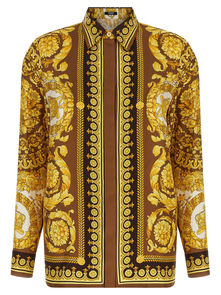 حقيبة Versace بطبعة باروكو حرير تويل قميص — بني