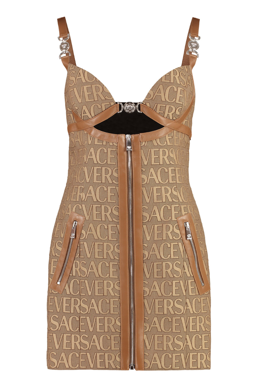 Jaquard Mini Dress Beige Polyester