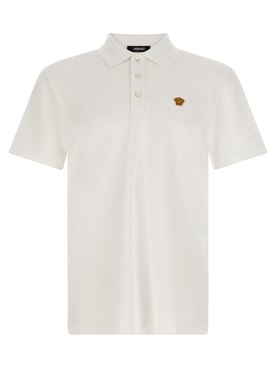 Versace Medusa Logo Cotton Piqué Polo Shirt — cream