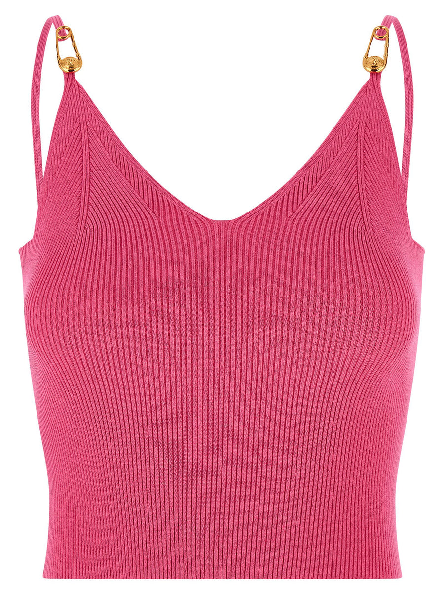 Versace Safety Pin-Detail Ribbed Knit Tank Top — Hot Pink