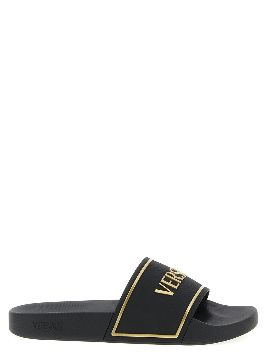 Versace Logo Embroidered Slides — Black