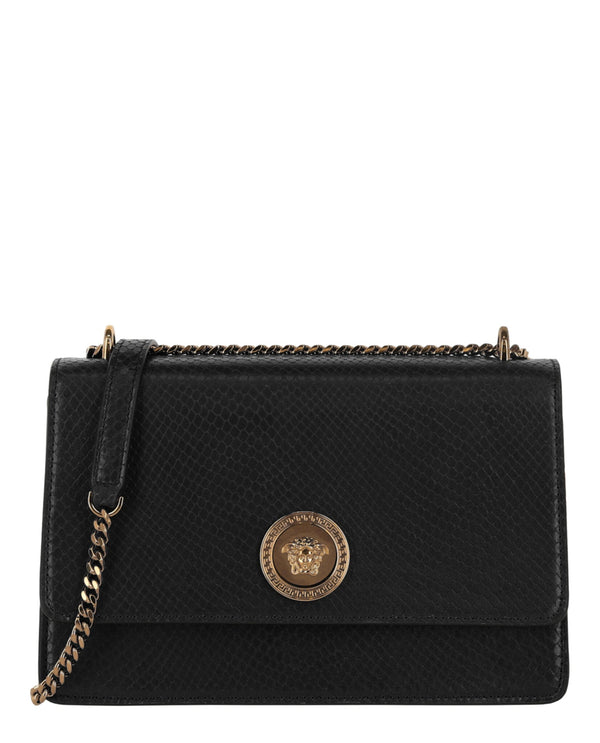 Versace Snake-embossed calf leather shoulder bag in black