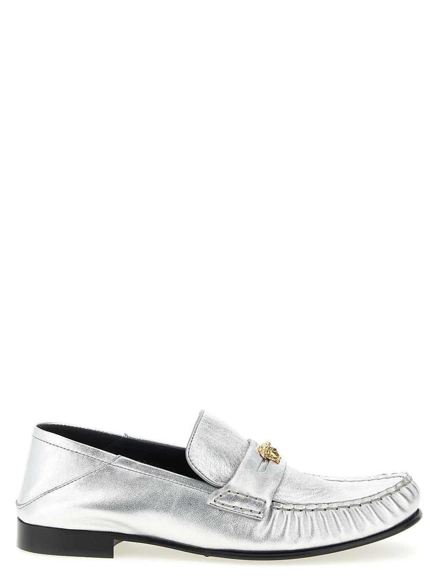Versace La Medusa Metal-Embellished Laminated Nappa Loafer — Silver