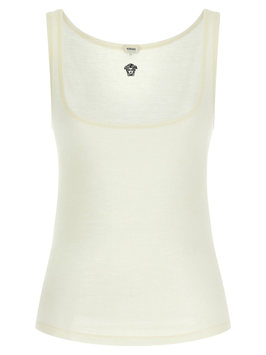 Versace Medusa Embroidered Ribbed Wool Tank Top — White