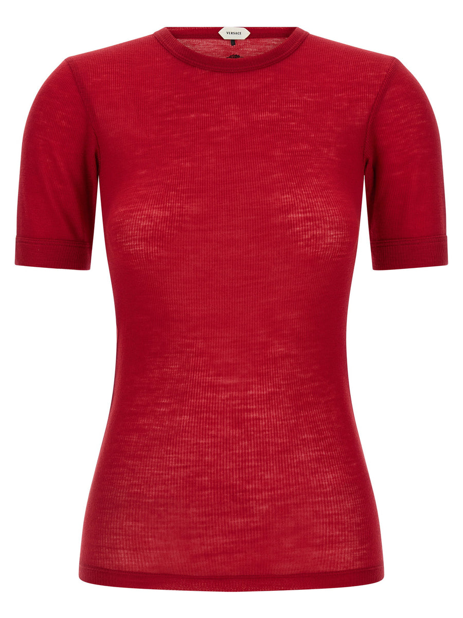 Versace Logo-Embroidered Virgin Wool T-shirt — Red