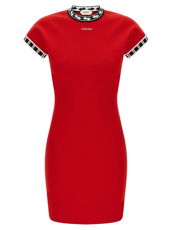 Versace Logo-Embroidered Cotton Knit Dress — Red