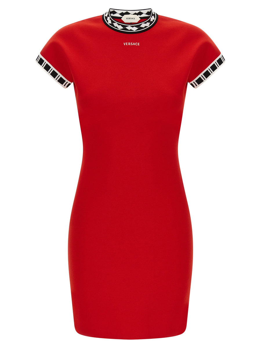 Versace Logo-Embroidered Cotton Knit Dress — Red
