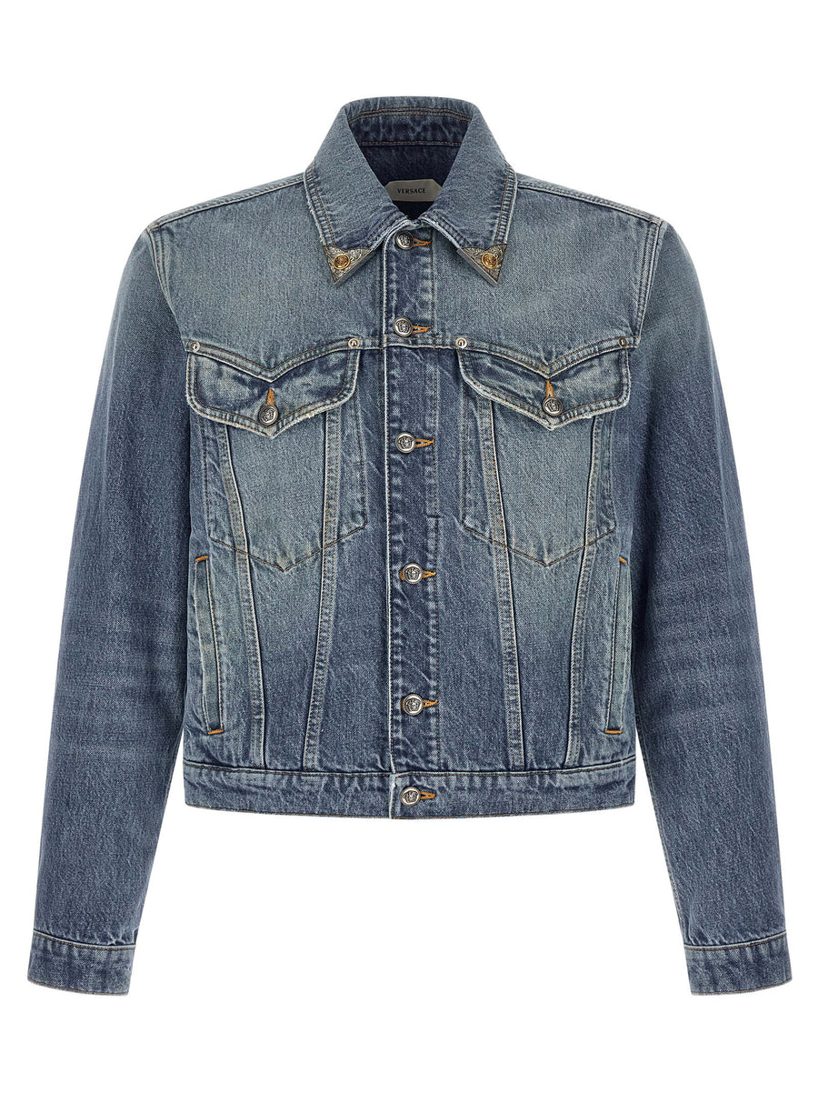 Versace Medusa-Embellished Denim Jacket — Blue