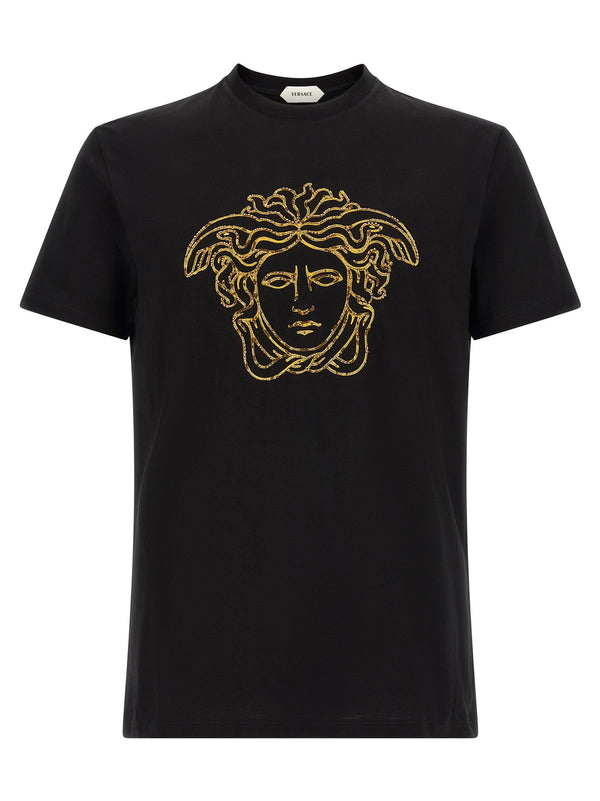 تيشيرت أسود مطرز بشعار ميدوسا الذهبي من Versace قميص