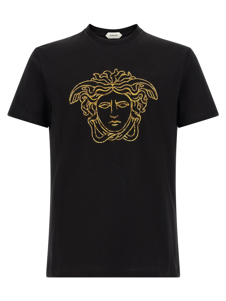 تيشيرت أسود مطرز بشعار ميدوسا الذهبي من Versace قميص