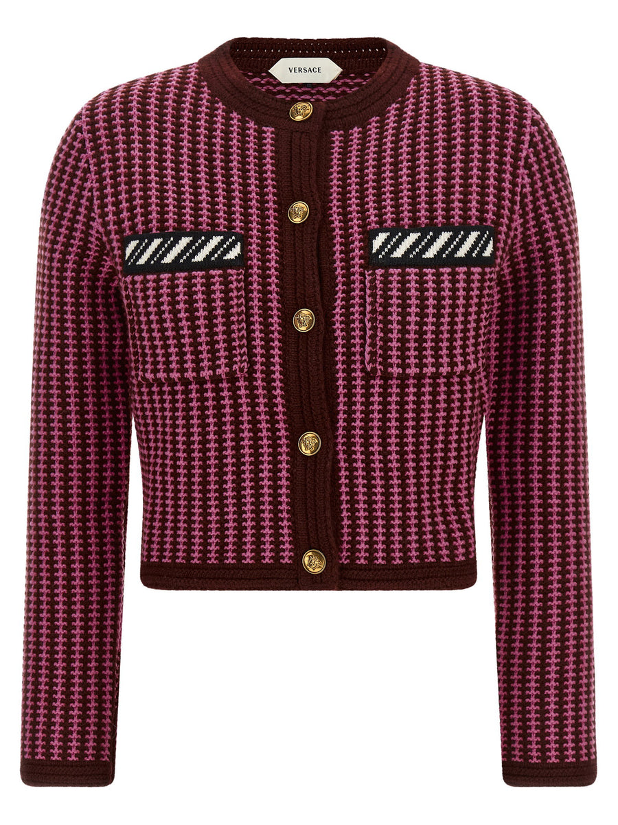 Versace Two-Tone Crochet Wool Cardigan — Pink