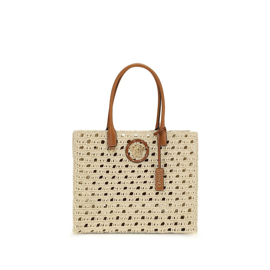 Versace 50% Cotton 50% Calf Leather tote bag in beige