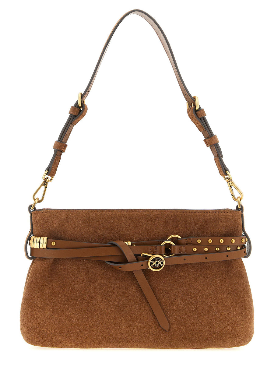 Pinko Suede with Studded Belt Shoulder Bag — Caramel
