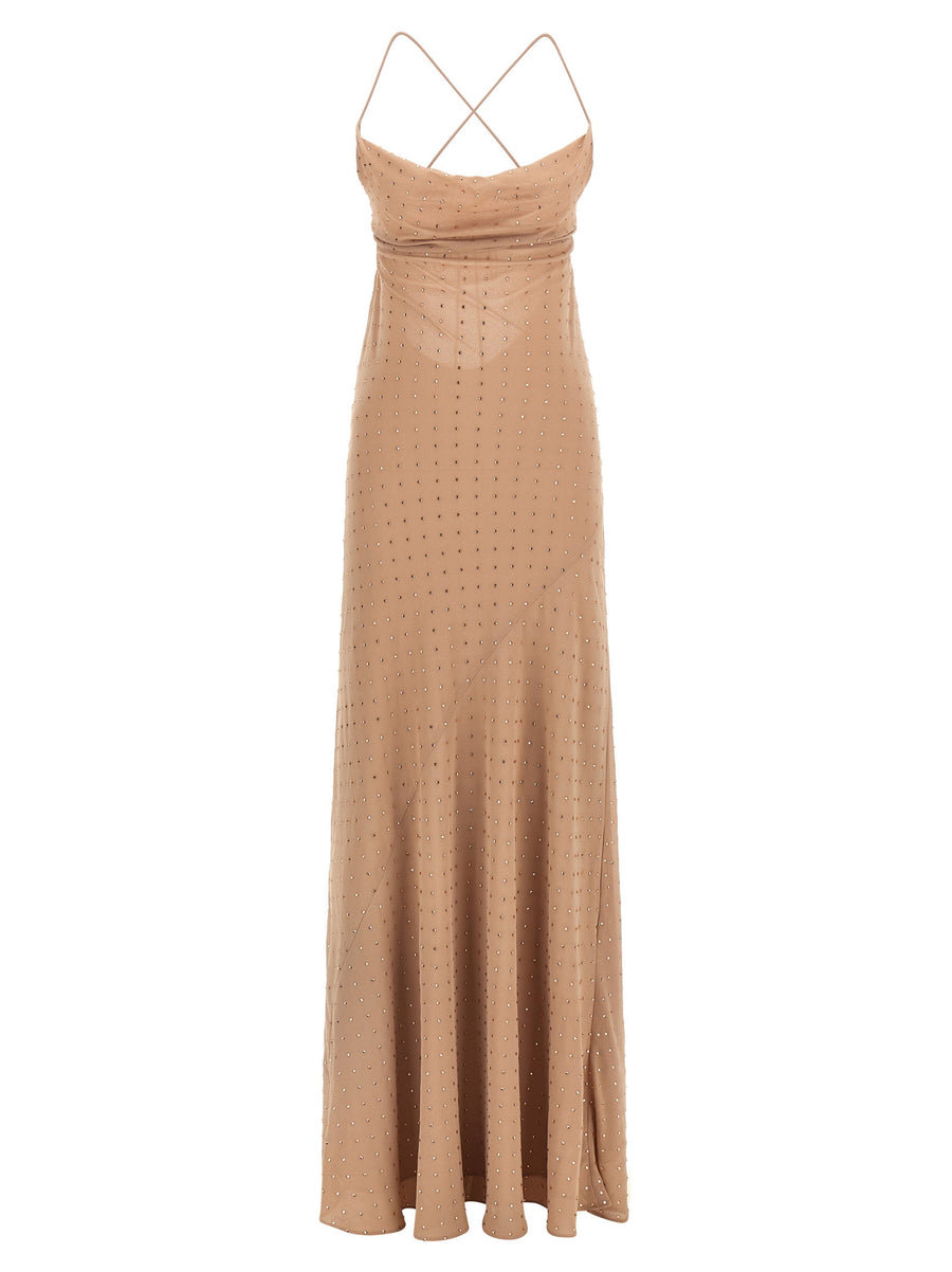 Pinko Rhinestone-Embellished Georgette Dress — Beige