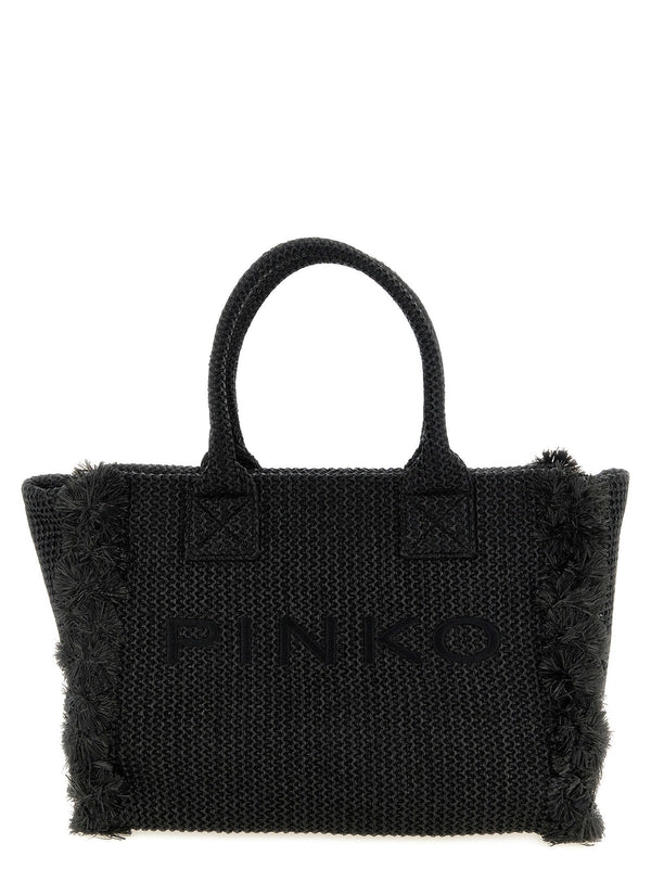 Pinko Woven raffia-effect fabric tote bag in black
