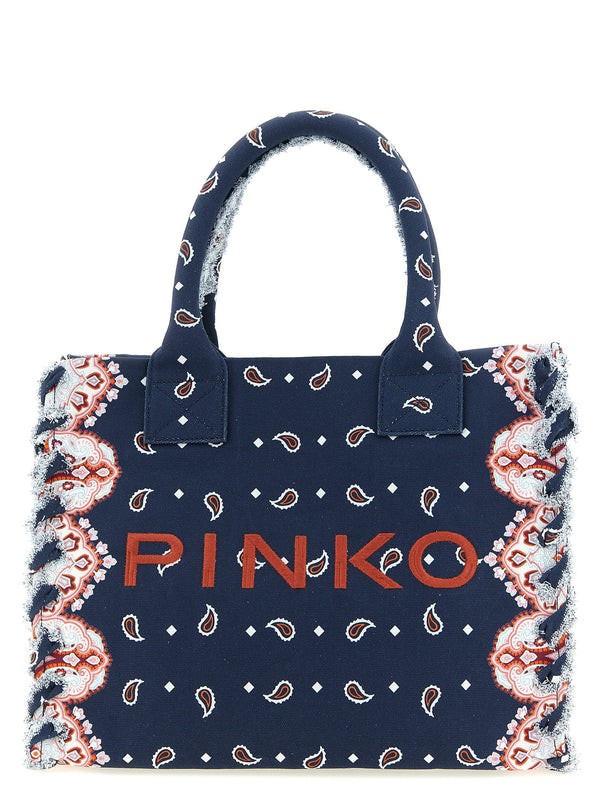 حقيبة تسوق Pinko بتطريز باندانا للشاطئ كانفا — كحلي