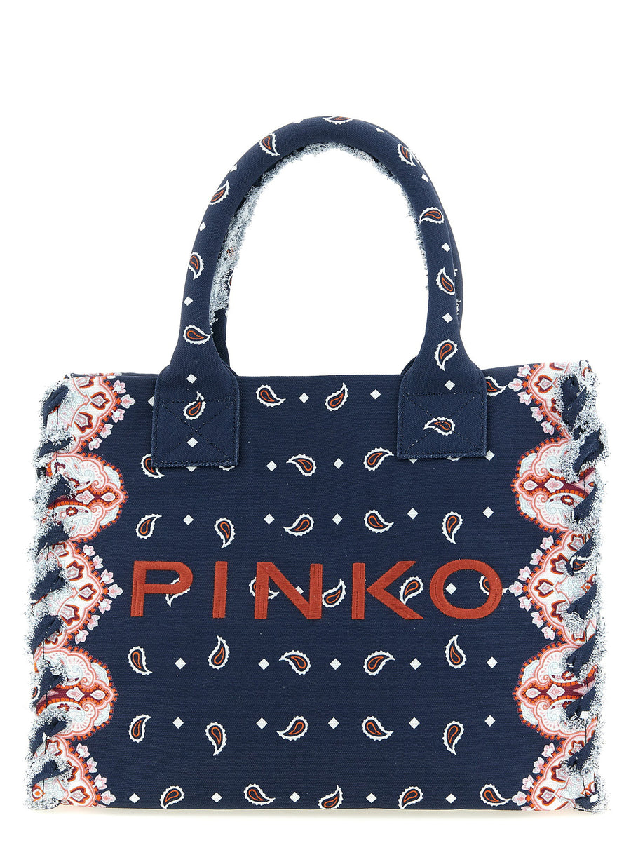 حقيبة تسوق Pinko بتطريز باندانا للشاطئ كانفا — كحلي