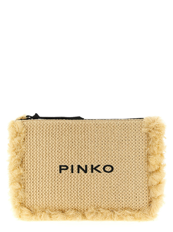 حقيبة كلاتش مضفرة بتأثير Pinko رافيا — كريستال كريمي