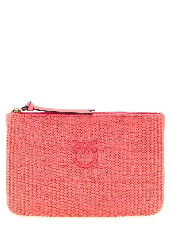Pinko Braided Raffia Clutch — Coral