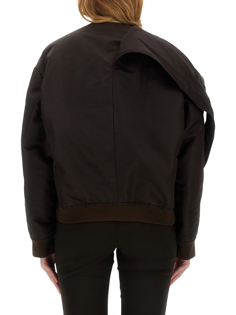 Bow Neck Bomber Jacket Brown Polyamide