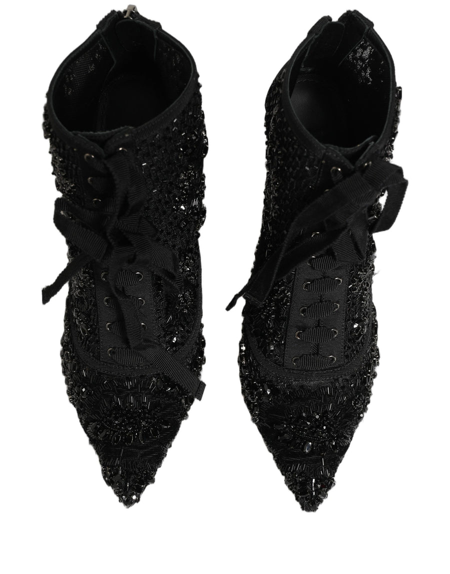 Dolce & Gabbana 5% Polyester 30% Viscose 5% Real Brass 10% Copper 50% Glass; Lining: 30% Nylon 10% Viscose 60% Goat; Sole: Leather boot in black