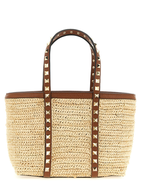 Valentino Garavani 100% straw with leather trim and metal hardware tote bag in beige