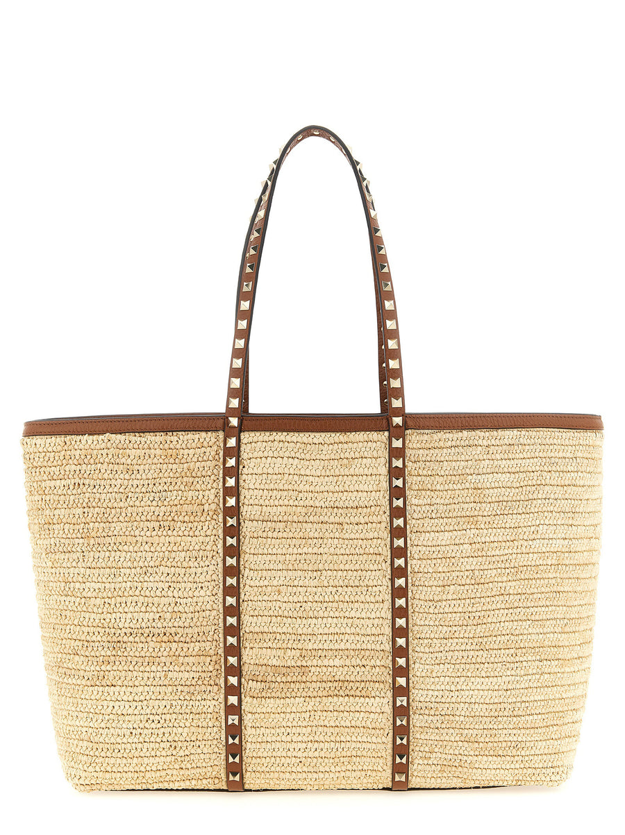 Valentino Garavani 100% Straw with leather trim tote bag in beige