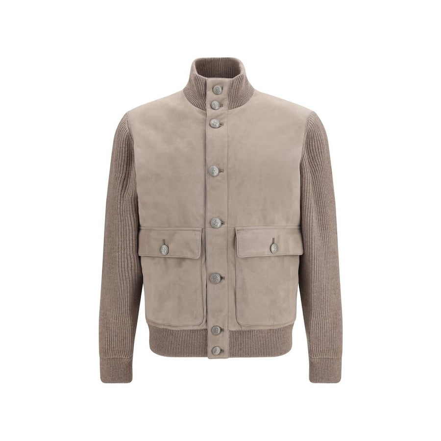 Brunello Cucinelli 100% Calf Leather Bos Taurus with cashmere knit sleeves jacket in beige