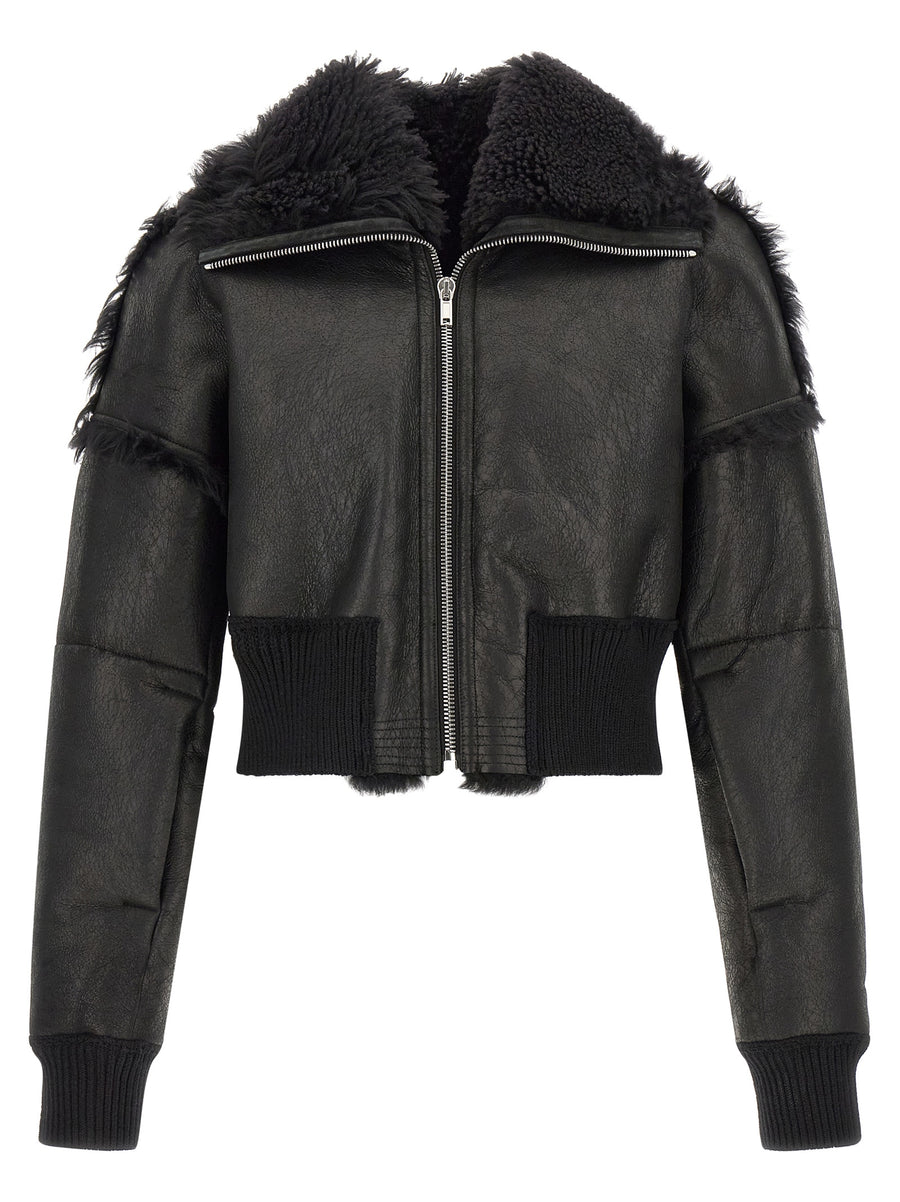 Rick Owens 100% lamb fur (Ovis aries); matte craquelé leather jacket in black